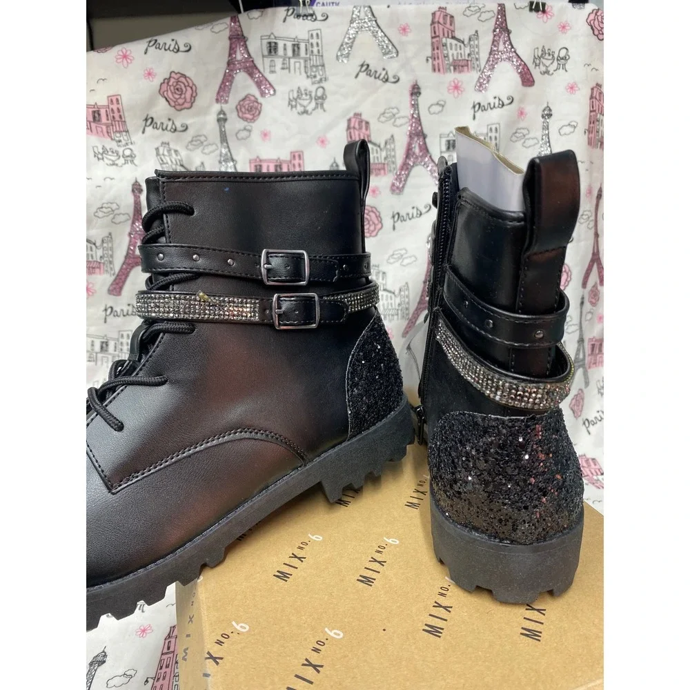 Mix No. 6 Carly Kids Black Glitter Rhinestone Buckle Combat Boots Size 6M New